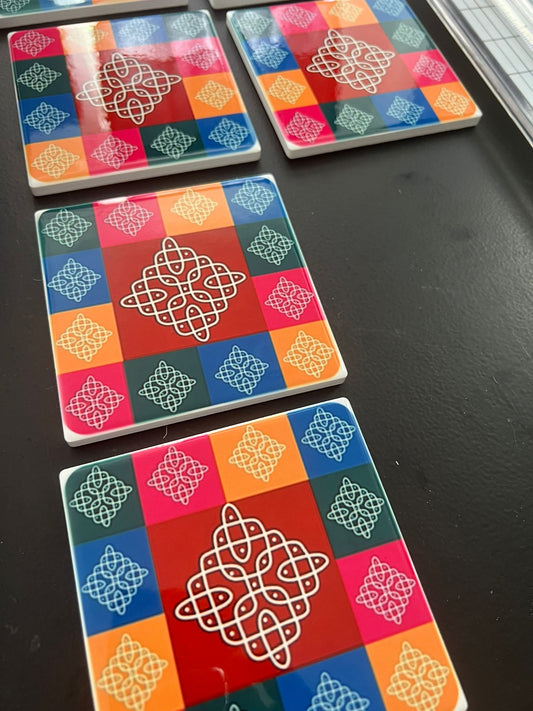 Colorful Rangoli Ceramic Coaster Set: Traditional Elegance for Your Tabletop