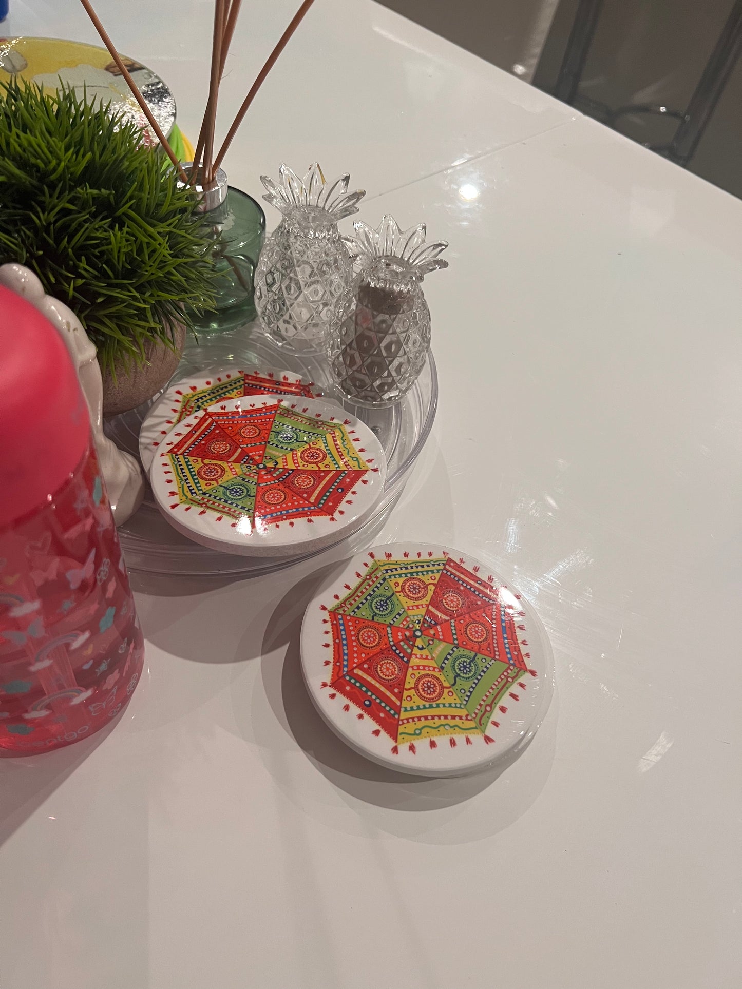 Coasters - White with Rajasthani umbrella/ Rangoli / Indian Design
