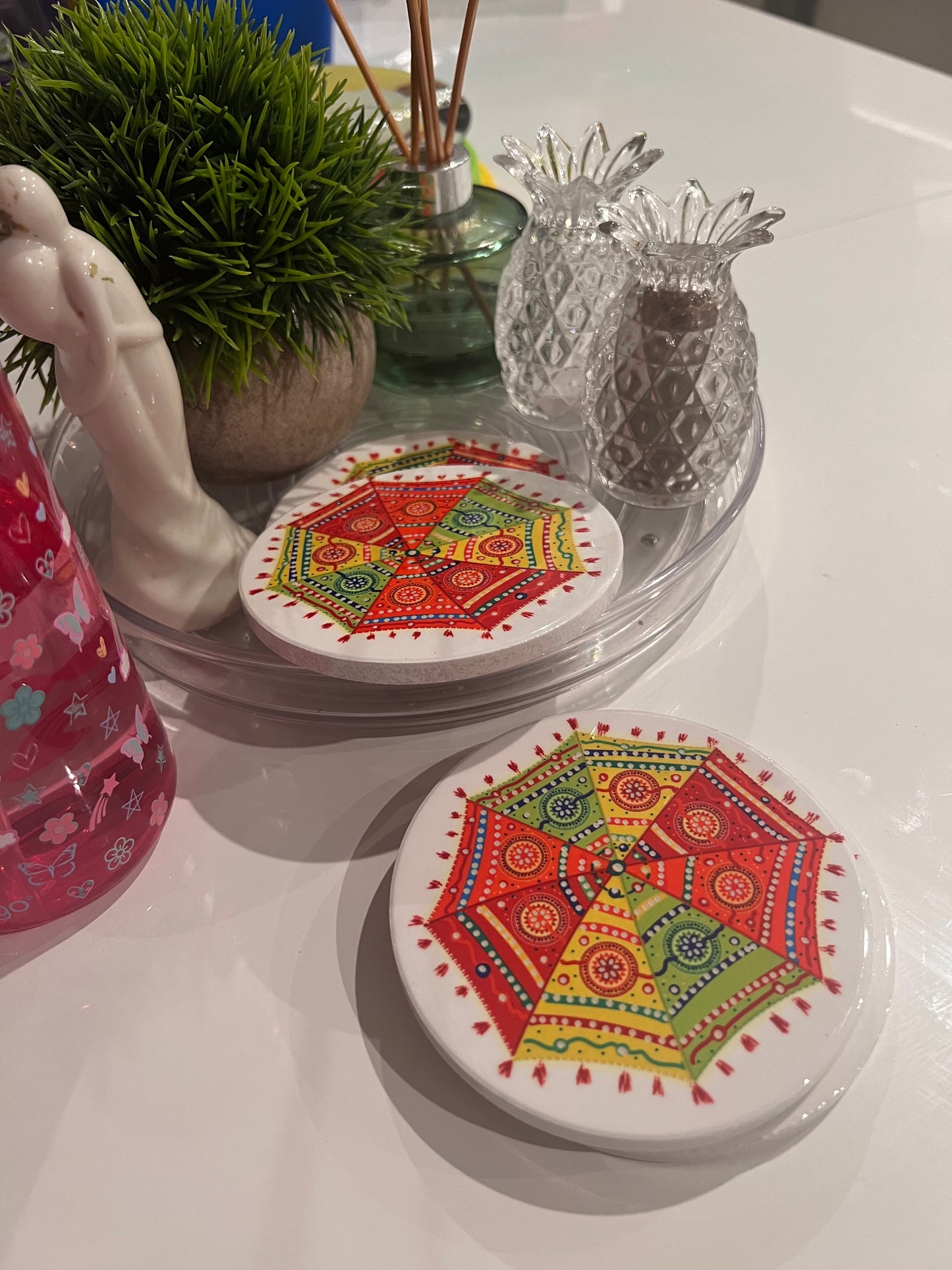 Coasters - White with Rajasthani umbrella/ Rangoli / Indian Design