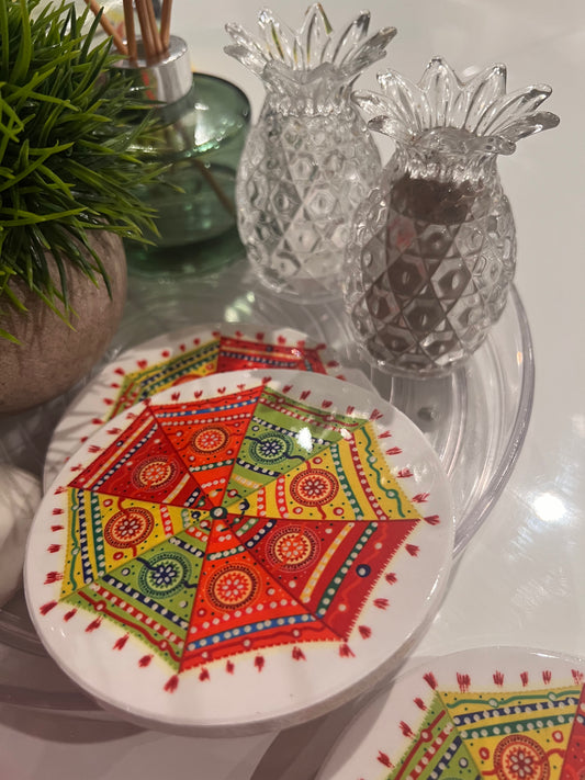 Coasters - White with Rajasthani umbrella/ Rangoli / Indian Design