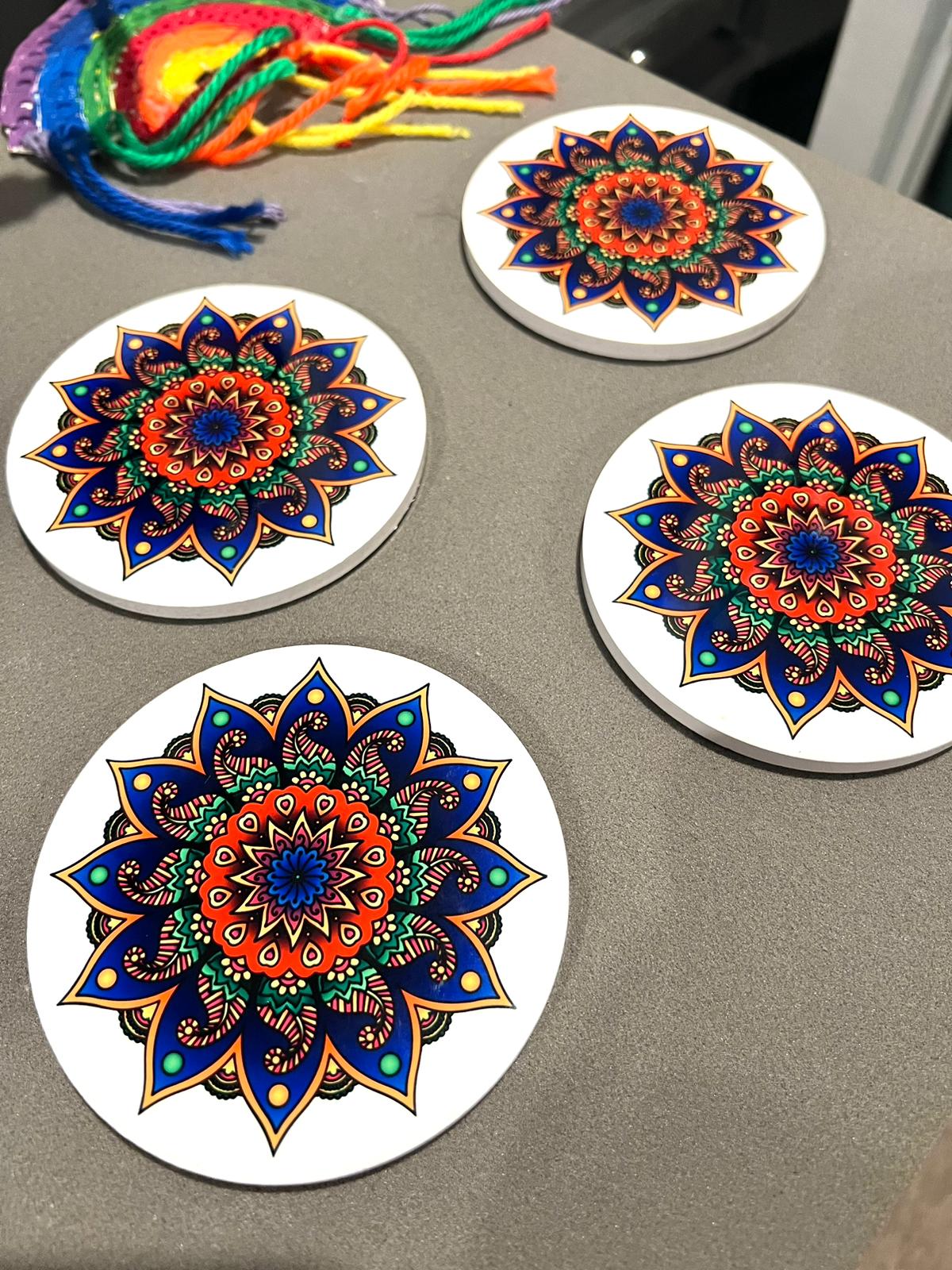 Vibrant Multicolored Rangoli Ceramic Coaster Set: Artistry for Your Tabletop