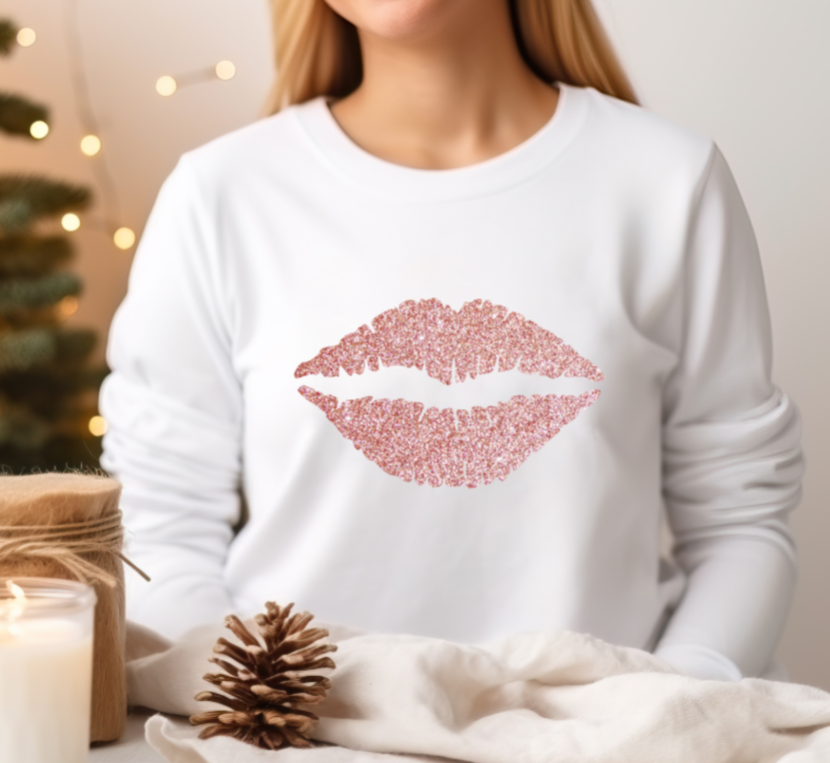 White or Black Jersey for Women with Light Pink glitter lips - Valentine's day